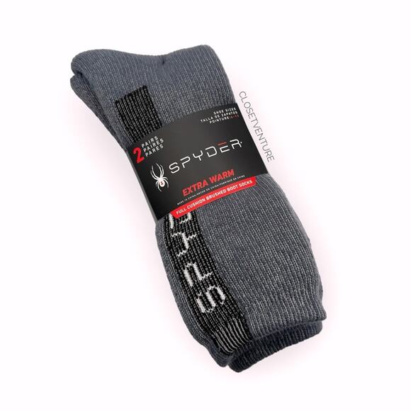 Spyder Extra Warm Grey Full Cushion Brushed Boot Socks 2 Pairs Men’s Size 4-10 - Picture 1 of 6